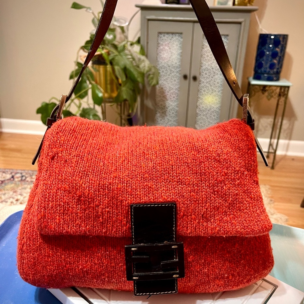 Fendi Orange Cashmere & Brown Leather Mama Baguette Bag
